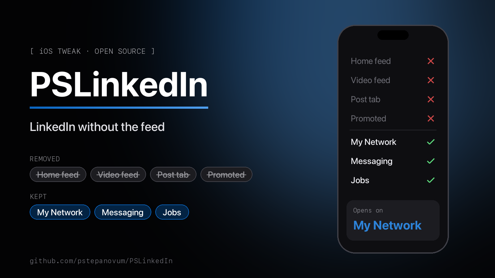 PSLinkedIn - LinkedIn Without the Feed (iOS Tweak) preview