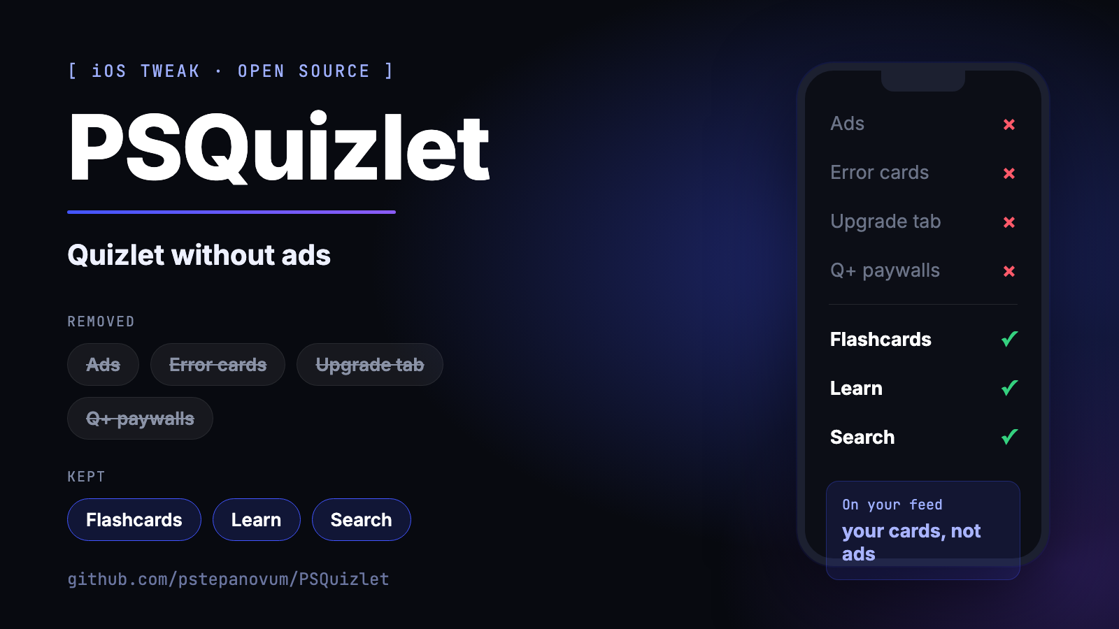PSQuizlet - Quizlet Without Ads (iOS Tweak) preview