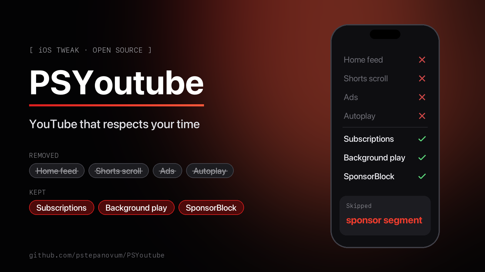 PSYoutube - YouTube Without the Rabbit Hole (iOS Tweak) preview